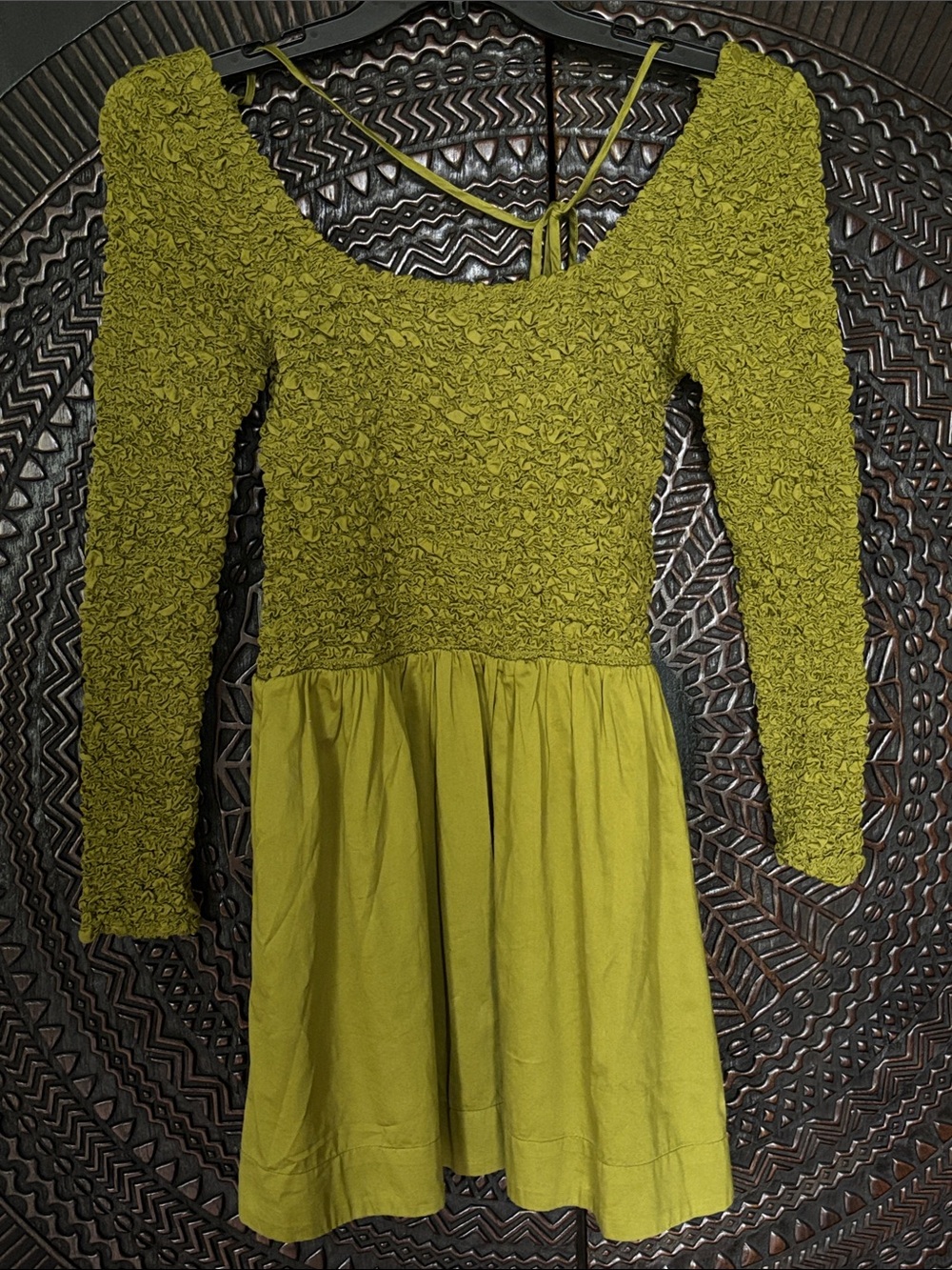 NEW Damson Madder Long-Sleeve Olive Green Textured Bodice Mini Dress 12